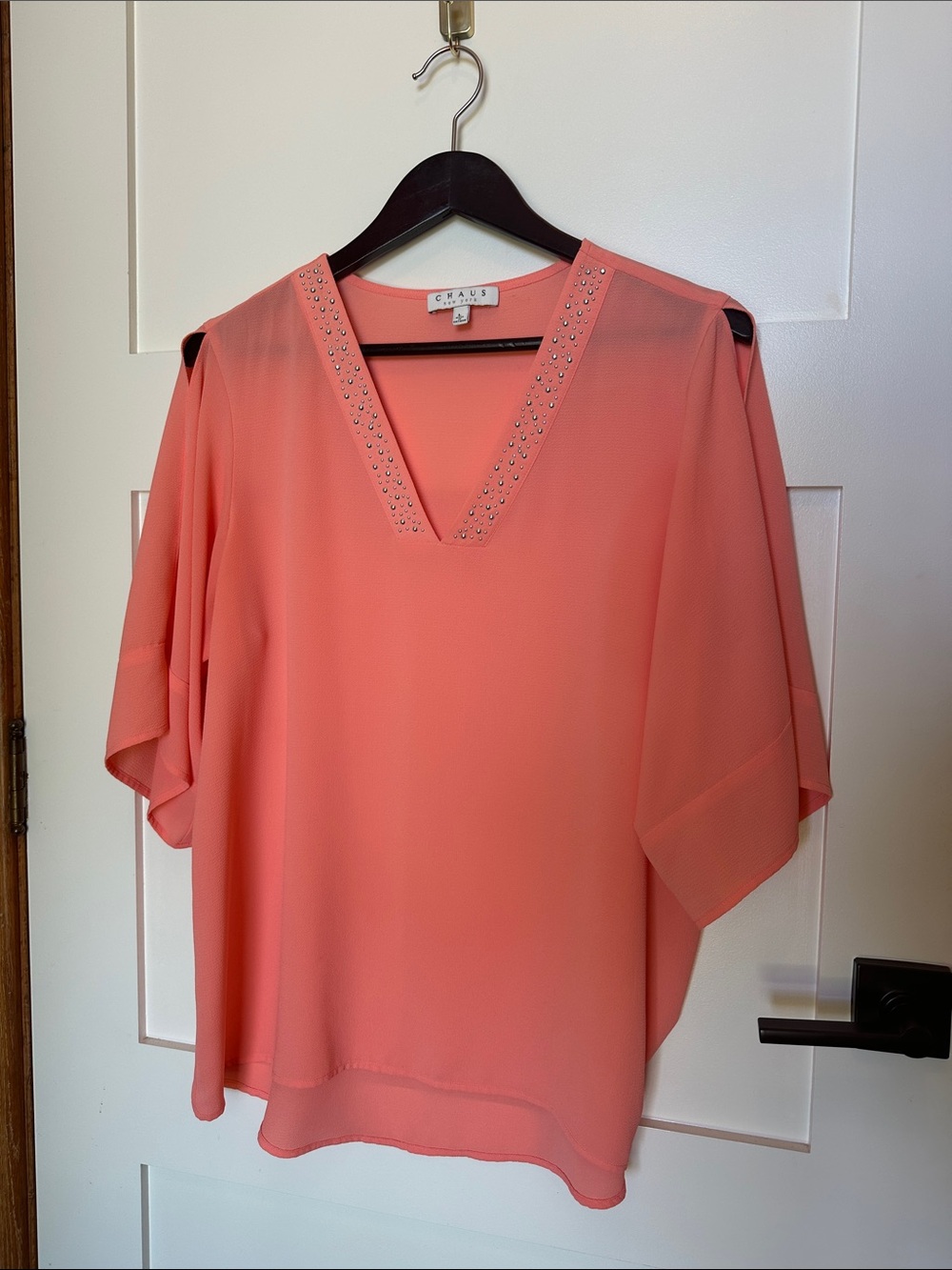 Chaus Coral V-Neck Beaded Flutter Sleeve Blouse